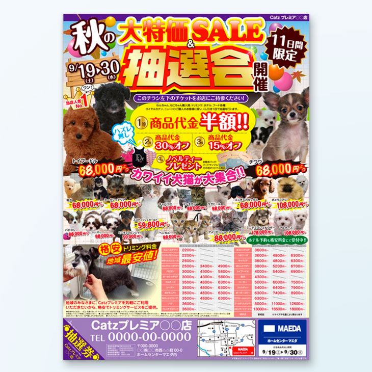 ペットショップチラシデザイン事例｜セール・抽選会の告知