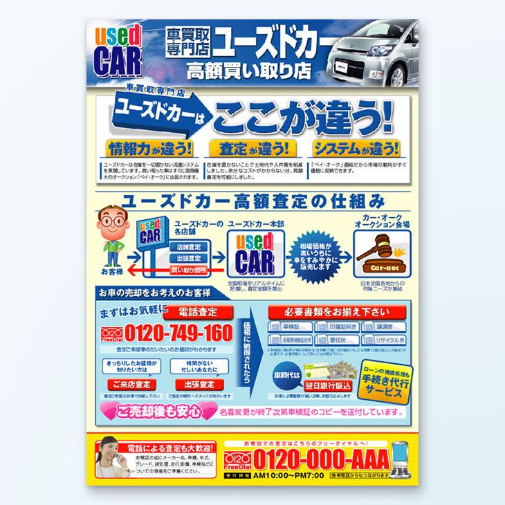 中古車買い取り店チラシデザイン事例｜セールスポイント紹介、サービス紹介